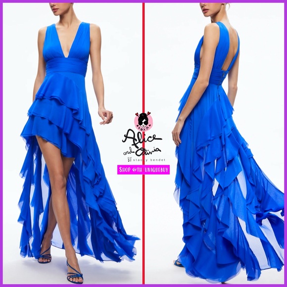 Alice + Olivia Dresses & Skirts - Alice + Olivia Holly Low Neck Asymmetric Ruffle Sapphire Blue Maxi Dress